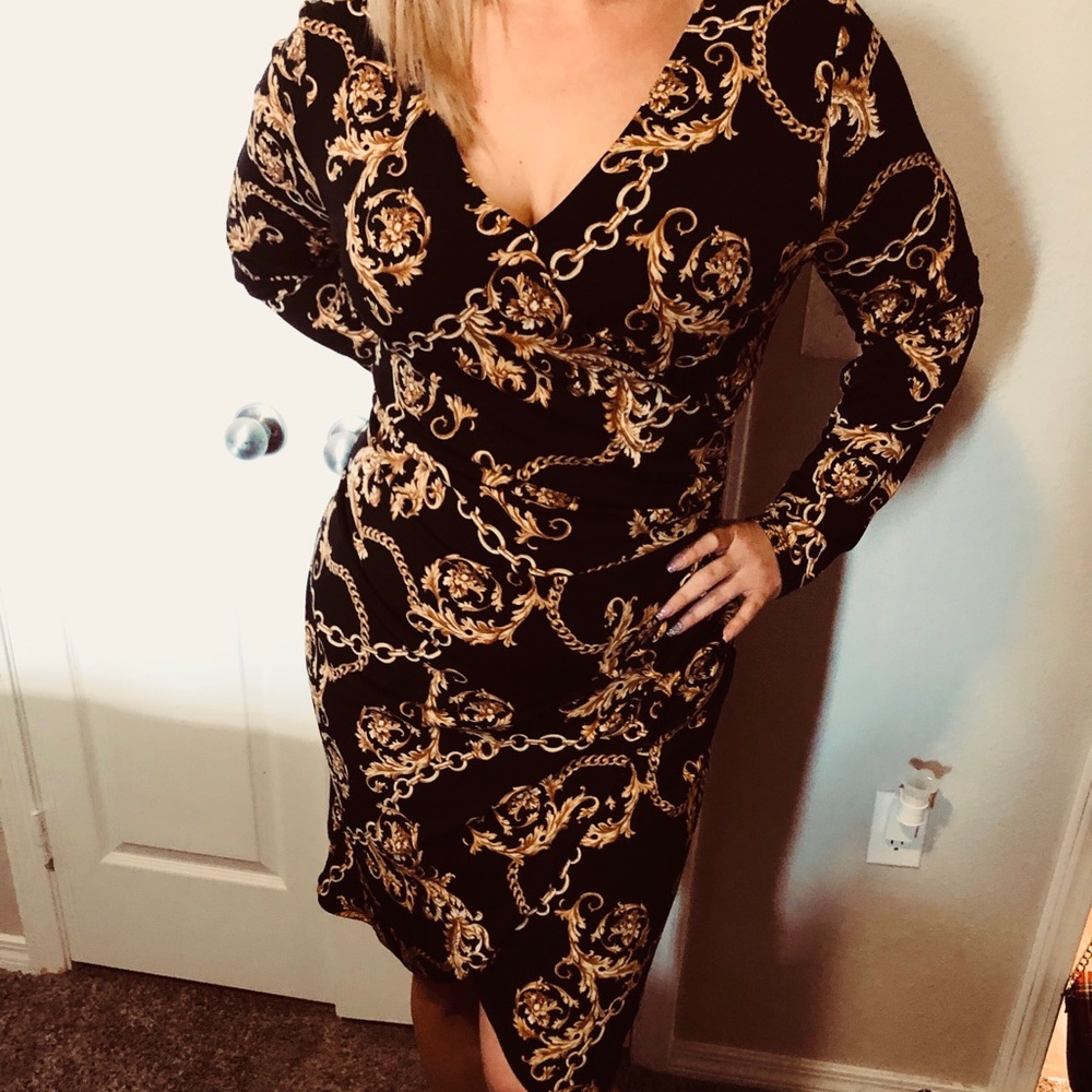 Thalia Sodi Black and Gold Wrap Dress Size L